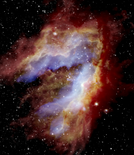 Composite image of the Swan Nebula in blue, green and red.